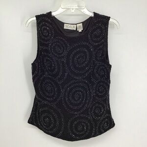 Scala Vintage Silk Beaded Sleeveless Shell Top Black Party Evening Size L